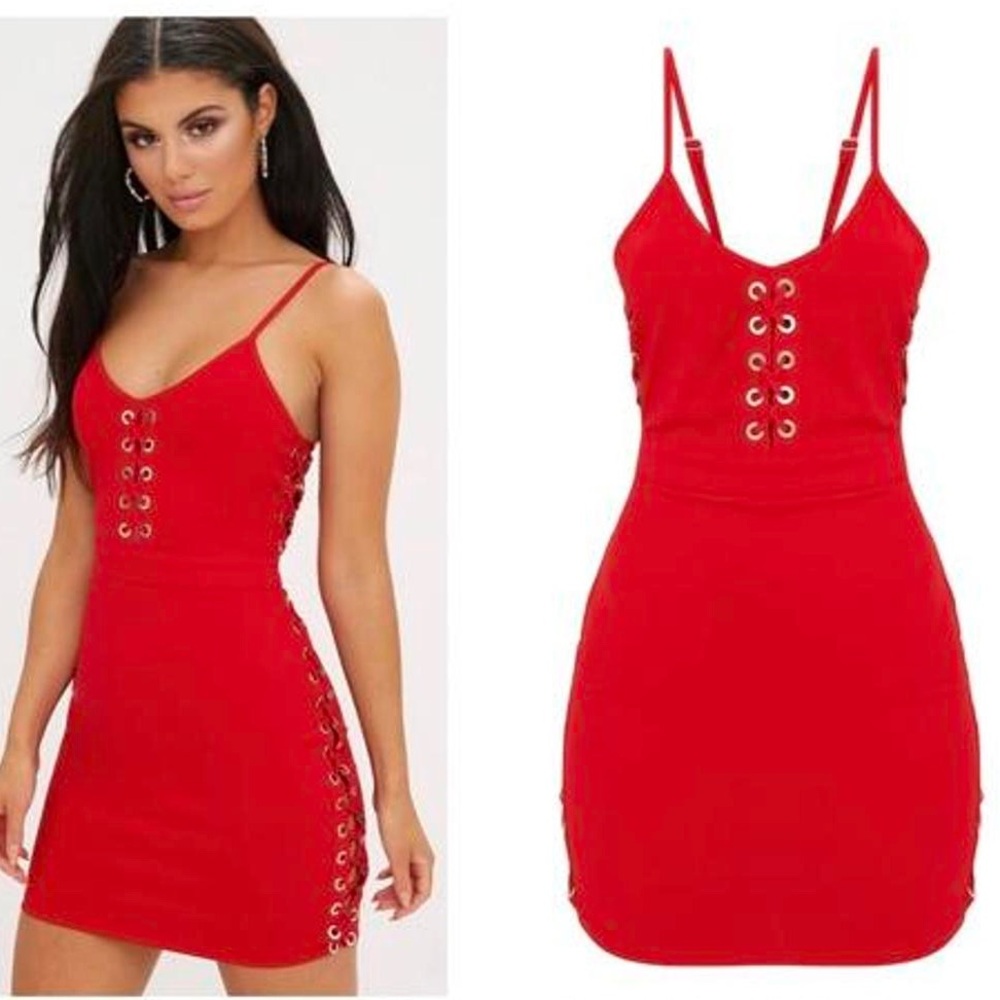 PrettyLittleThing Red Lace-Up Mini Dress